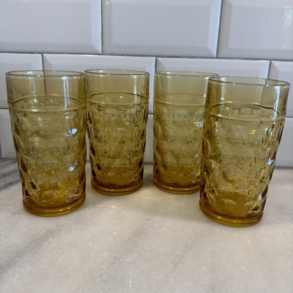 Vintage 8oz‎ Set Of 4 Hazel Atlas Amber Eldorado  Dots Glass Tumblers  GW009